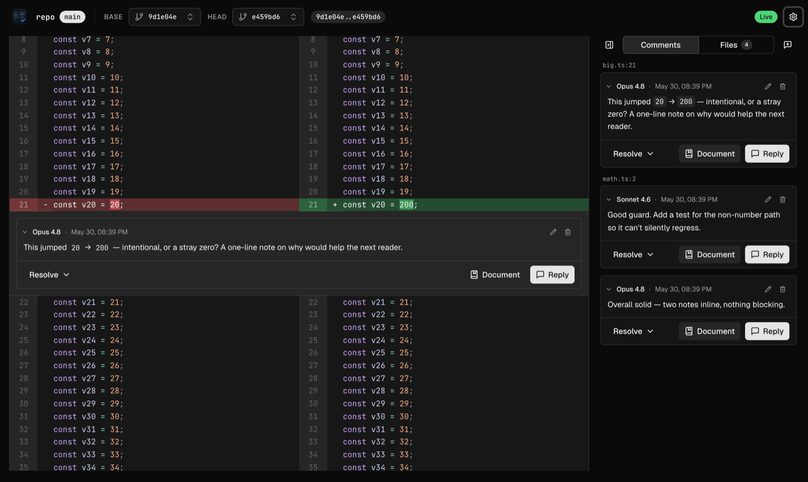 Staff Review — an AI agent’s inline review on a diff, with the comment thread anchored to the changed line and the review sidebar alongside